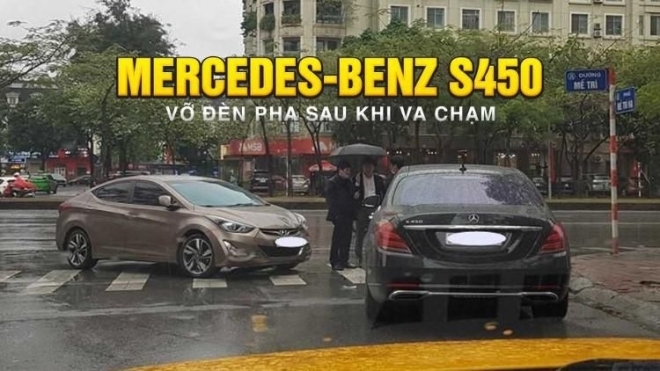 Xe sang Mercedes-Benz S450 vỡ đèn pha sau khi va chạm với Hyundai Elantra vào ngày cận Tết 